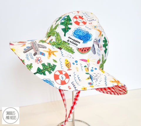 Doodle Holiday Print Reversible Sunhat-Wide Brim Style