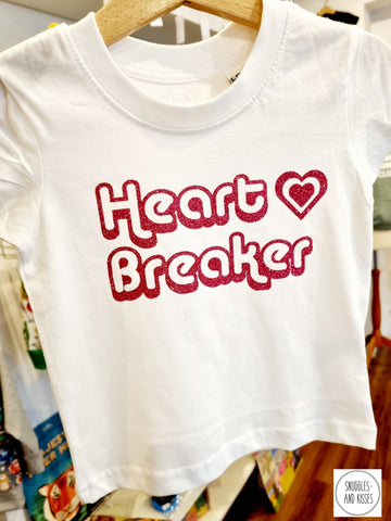 Kids Retro 'Heart Breaker'' T-Shirt - White with Pink Glitter Print