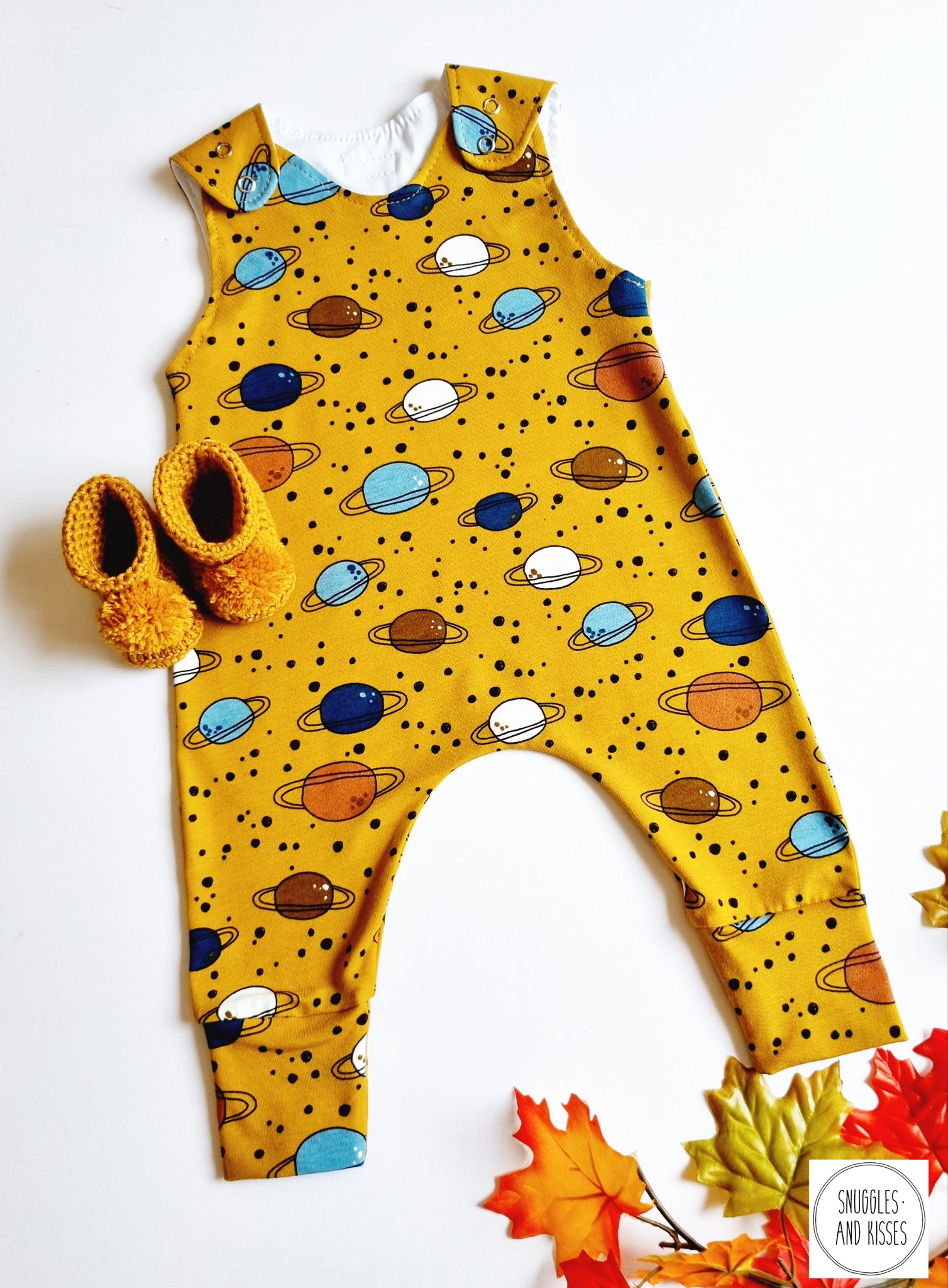 Mustard Planets Print Dungarees