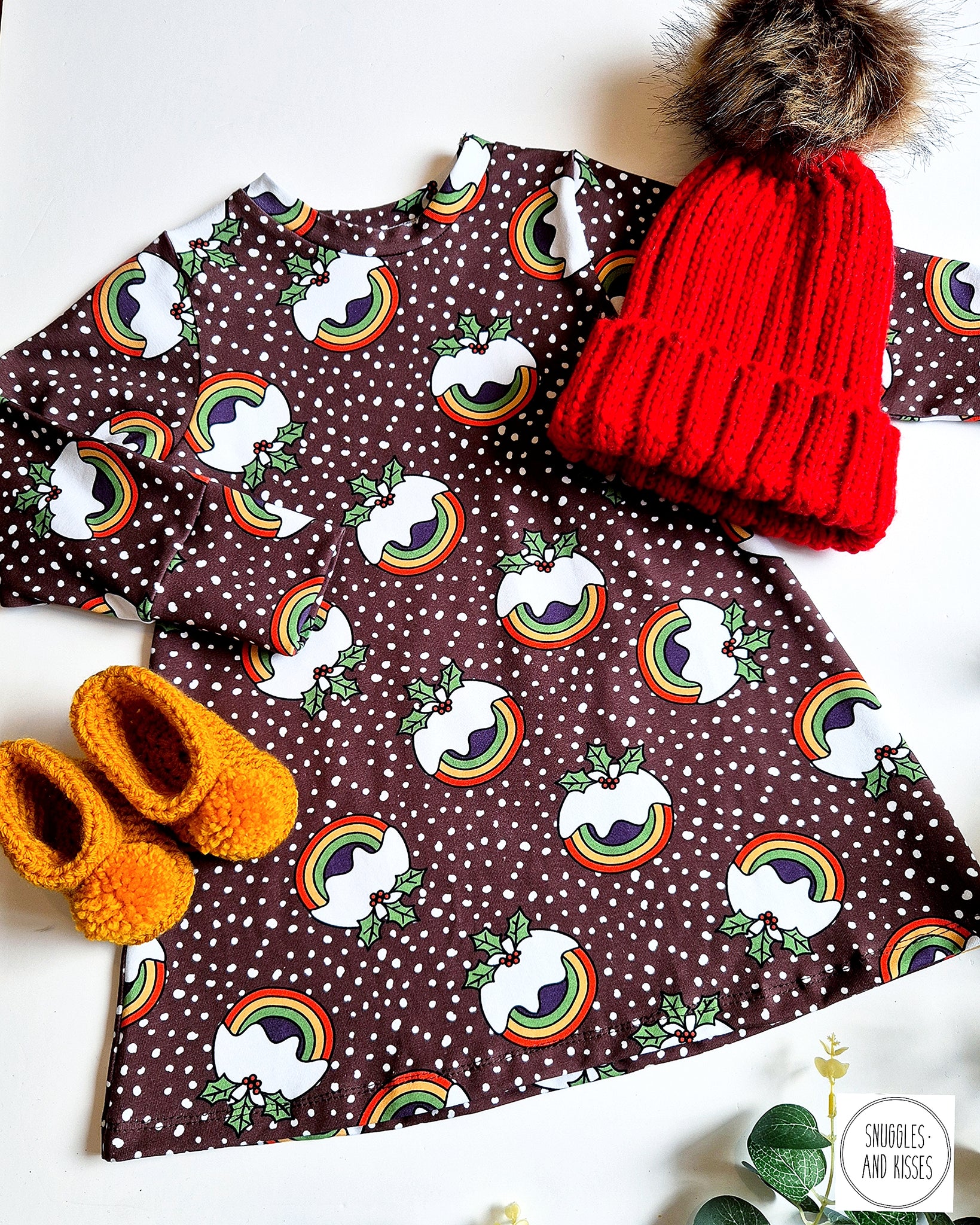 Baby/Kids Christmas Pudding Print Jersey Dress Snuggles and Kisses Baby/Kids Christmas Pudding Print Jersey Dress Snuggles and Kisses