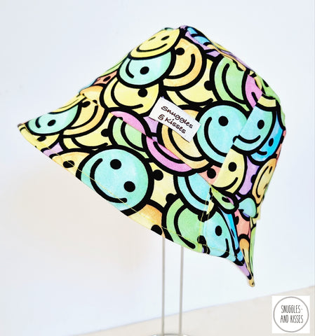 90's Smiley Print Reversible Sunhat-Bucket Style
