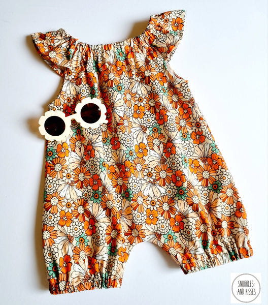 Retro 70's Floral Print Frill Sleeve Bubble Romper-New for Summer!