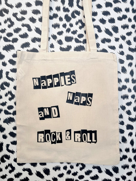 'Nappies, Naps and Rock & Roll' Tote Bag