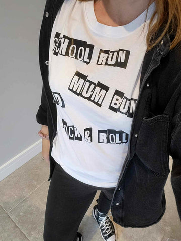 'School Run, Mum Bun and Rock & Roll' Adult T-shirt