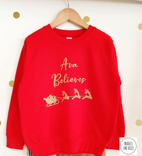 Kids Personalised 'Believes' Christmas Sweatshirt - Snuggles and Kisses