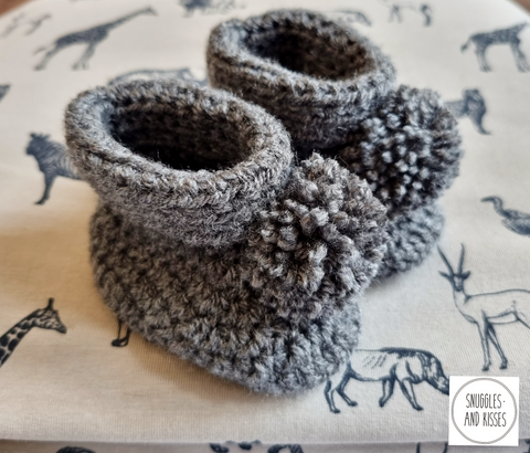 Charcoal Hand Crocheted Pom Pom Bootees