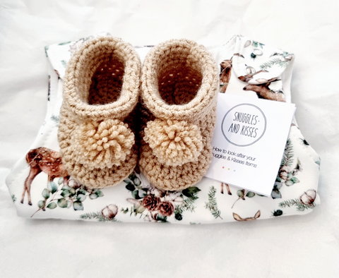 Fawn Hand Crocheted Pom Pom Bootees